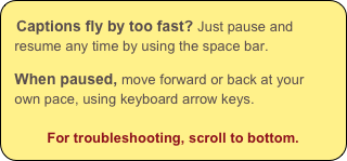 Captions fly by too fast? Just pause and resume any time by using the space bar.

When paused, move forward or back at your own pace, using keyboard arrow keys.

For troubleshooting, scroll to bottom.