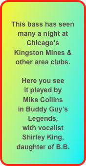 
This bass has seen 
many a night at 
Chicago’s 
Kingston Mines & 
other area clubs.

Here you see
it played by 
Mike Collins
in Buddy Guy’s
Legends,
with vocalist 
Shirley King, 
daughter of B.B.
