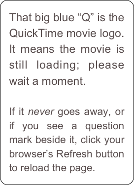 That big blue “Q” is the QuickTime movie logo. It means the movie is still loading; please wait a moment. 

If it never goes away, or if you see a question mark beside it, click your browser’s Refresh button to reload the page.