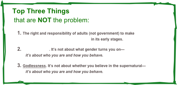     Top Three Things 
     that are NOT the problem:
                    
         1. The right and responsibility of adults (not government) to make
                    personal decisions about pregnancy in its early stages.


         2. Homosexuality. It’s not about what gender turns you on—
                    it’s about who you are and how you behave.


         3. Godlessness. It’s not about whether you believe in the supernatural— 
                    it’s about who you are and how you behave.

